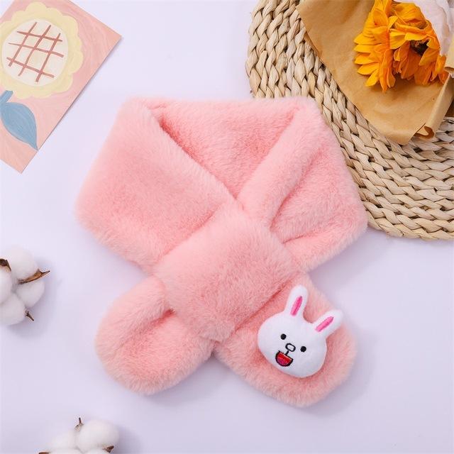 Baby Winter Warm Thicken Scarfs New Children Cute Cartoon Faux Rabbit Fur Cross Collar Scarves Boy Girl Soft Plush Scarf Gift
