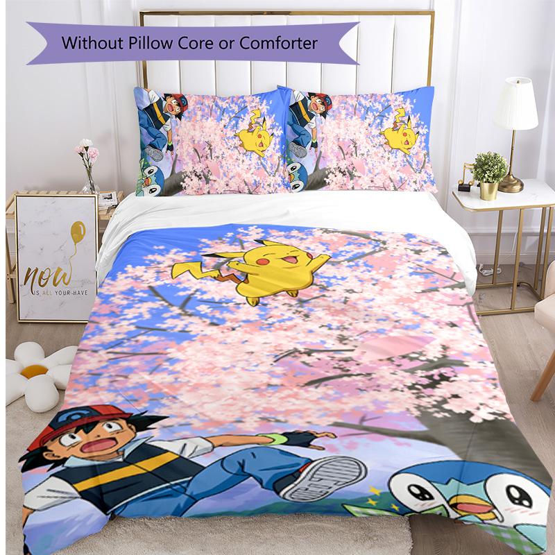 Pokémon Pattern Printed 3PCS Bedding Set, Soft Skin-Friendly Washable Duvet Cover & Pillowcases Set
