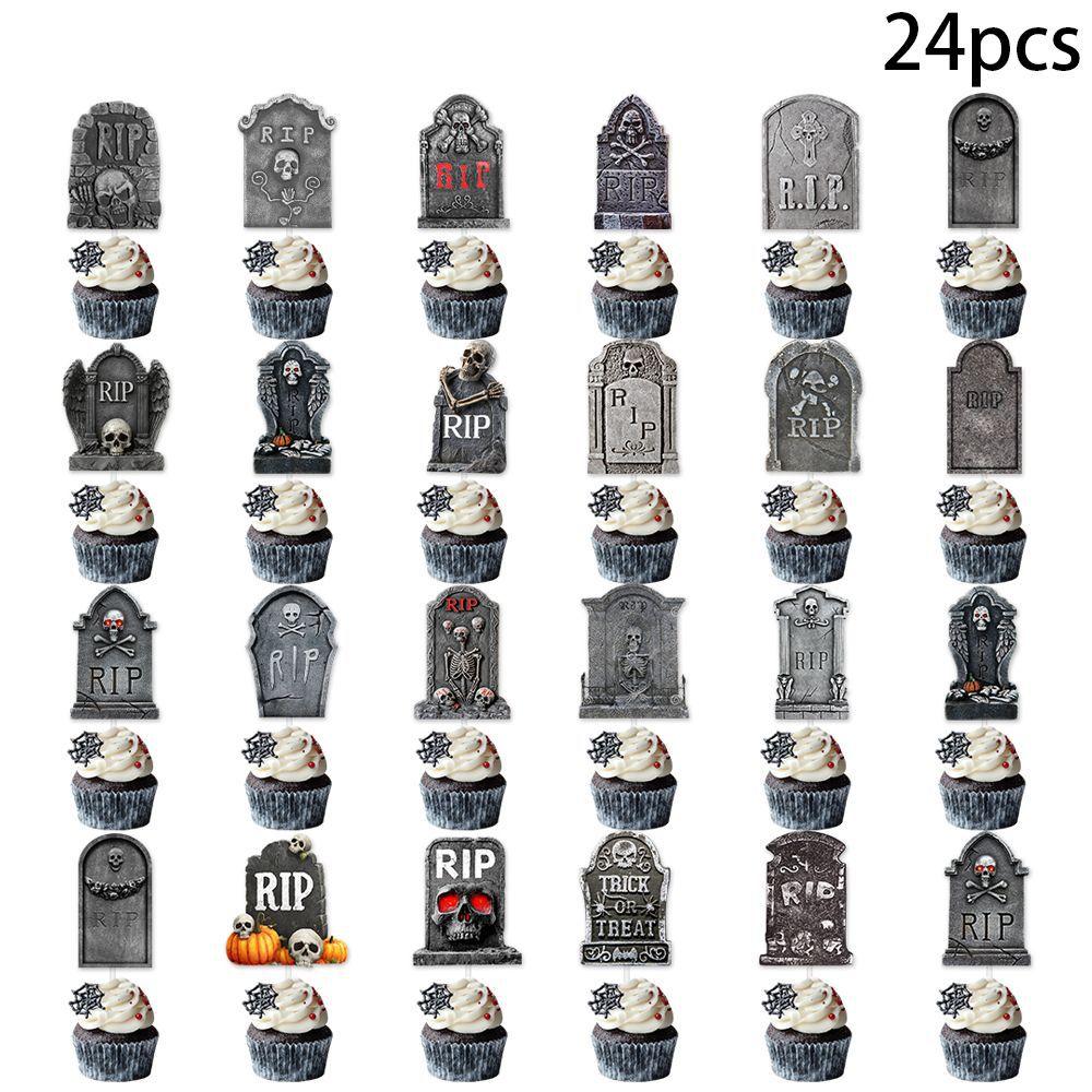 New Style, Halloween Party Decoration, Creative Tombstone Design, 24pcs, Baking Cake Small Flag, Party Decoration Plugin
