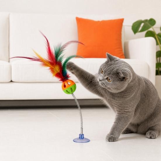 Lustiger Katzenangel mit Saugnapf, Federstange Interaktives Katzenfeder-Spielzeug mit Glöckchen, Buntes Feder-Teaser-Spielzeug für Wohnungskatzen und Kätzchen
