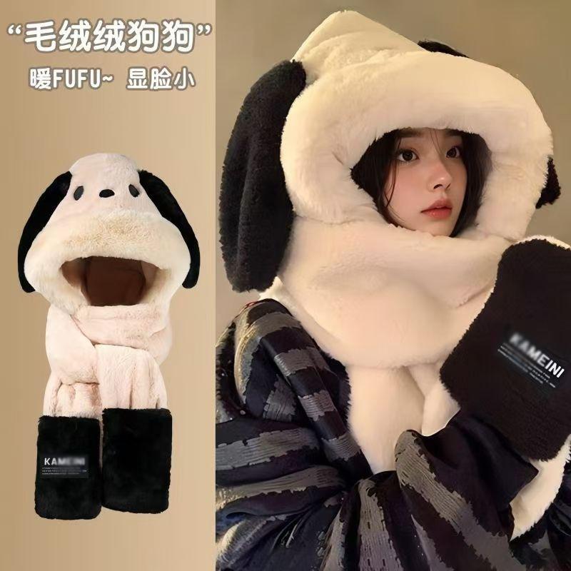 Cute cartoon Pacha plush puppy hooded scarf winter warm gloves hat ears scarf integrated three-piece set