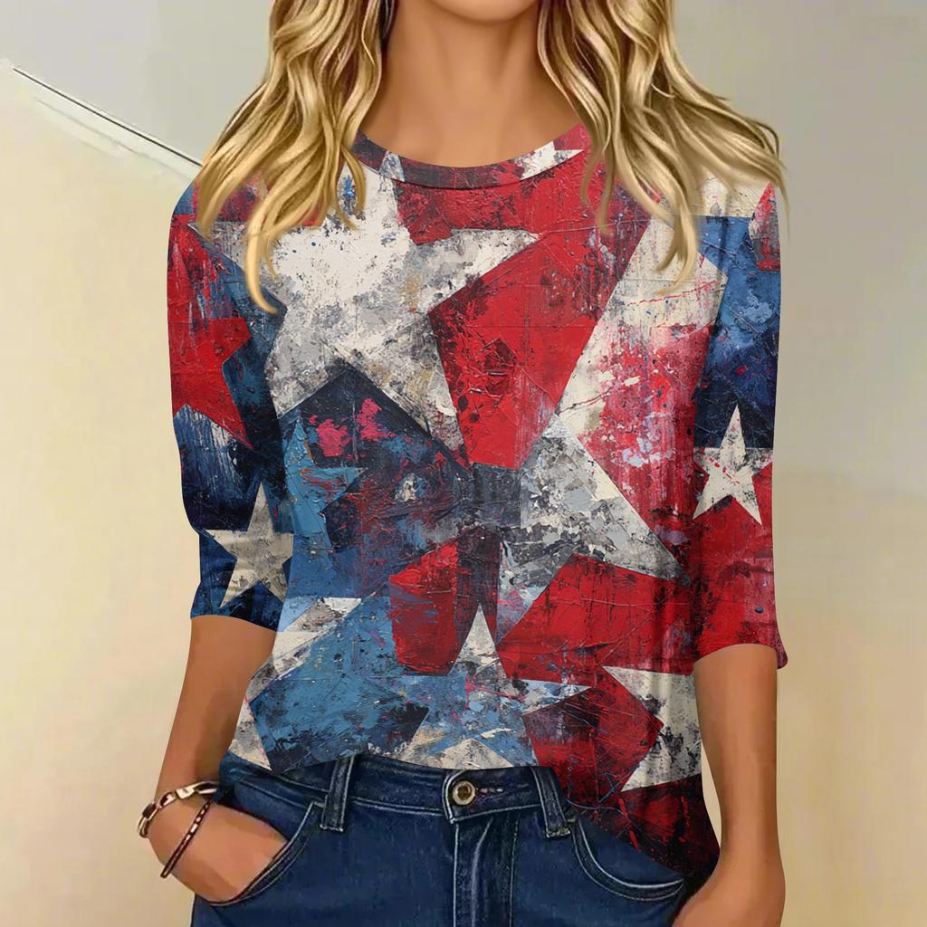 Haut t-shirt décontracté tendance pour femme, col rond, manches trois-quarts, imprimé Fête de l'Indépendance