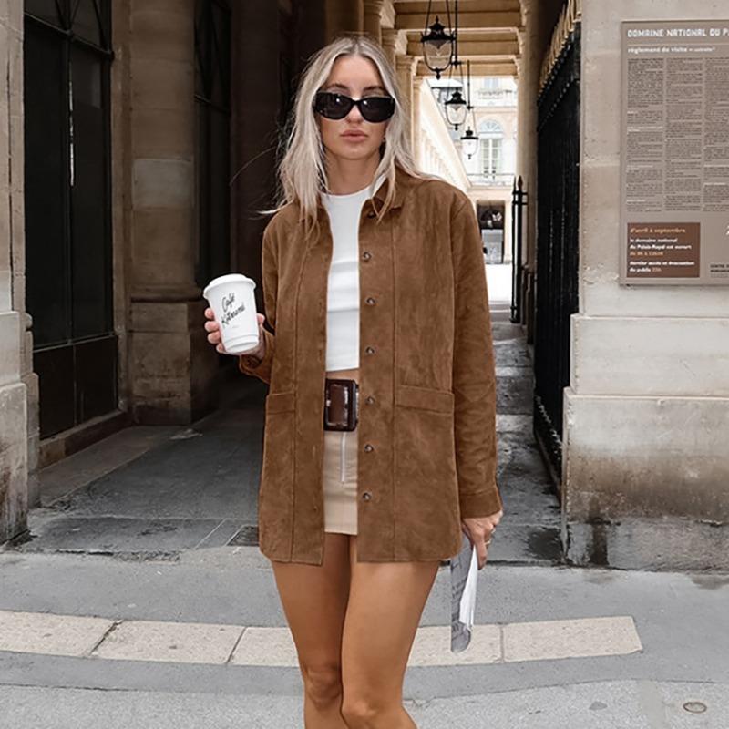 Cappotto in pelle scamosciata marrone Maillard da donna, autunno, design ampio, con risvolto, abbigliamento femminile europeo e americano