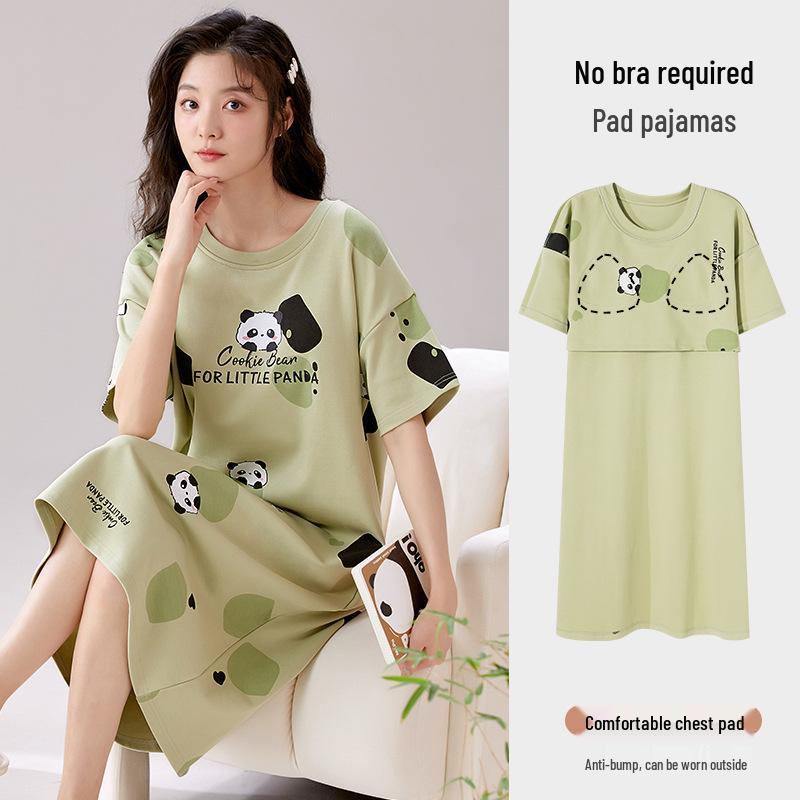 

Женская летняя ночная сорочка большого размера с короткими рукавами и нагрудными вкладышами - Повседневная свободная посадка для ношения дома и на улице XL (110-125 jin)