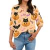 Women's Casual V Neck Button Front Three Quarter Sleeve T Shirt Halloween Print Lightweight Blouse for Everyday Wear and Seasonal Outfits