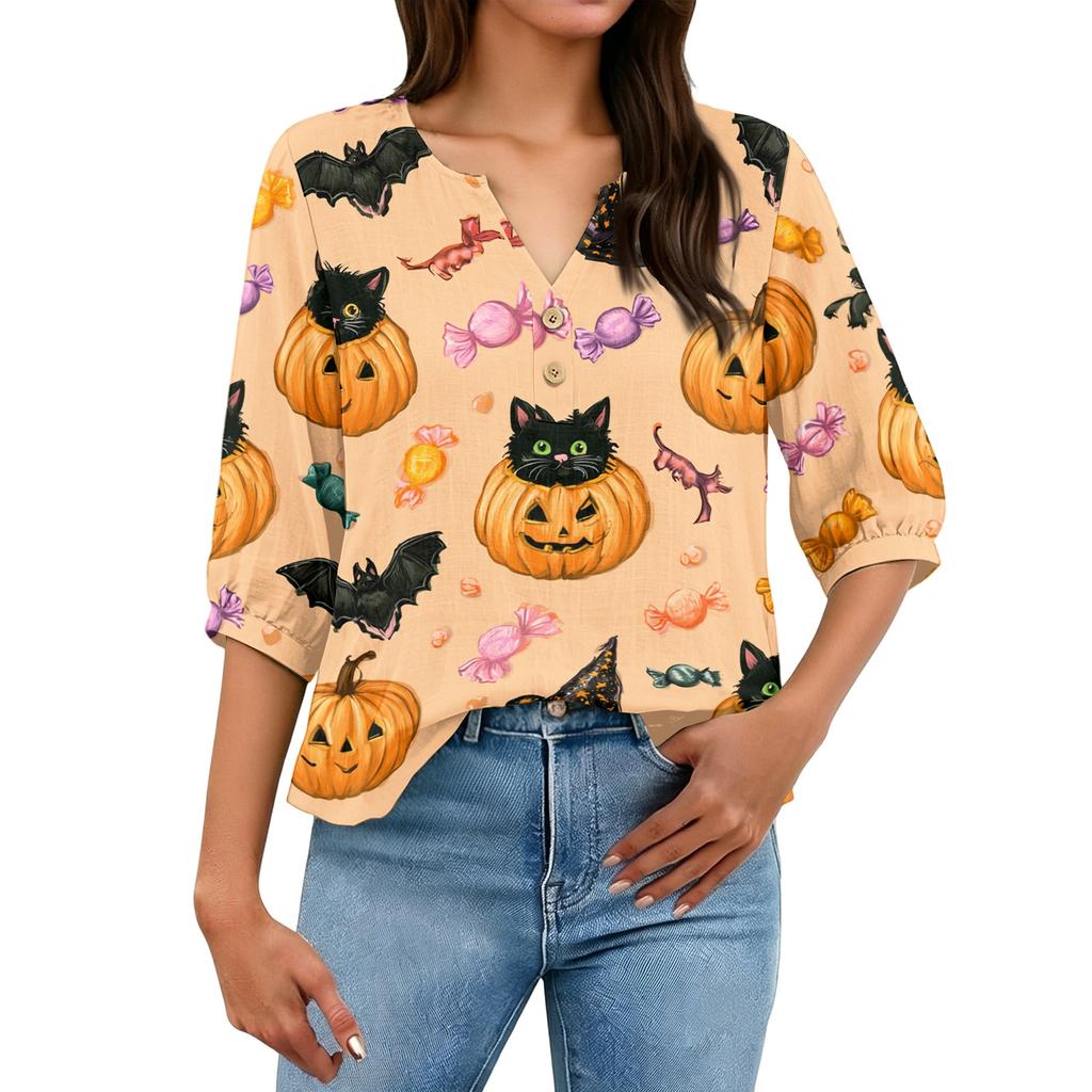 Women's Casual V Neck Button Front Three Quarter Sleeve T Shirt Halloween Print Lightweight Blouse for Everyday Wear and Seasonal Outfits
