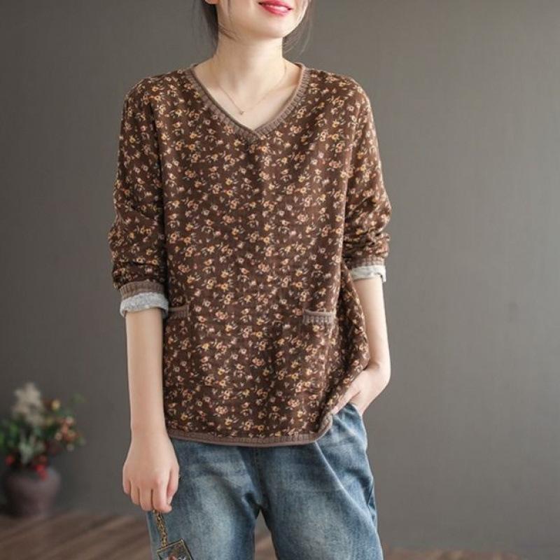 Oversized Vintage T Shirt Women Cotton Linen T-Shirt Long Sleeve Floral Loose Tee Shirt Woman Autumn Tshirt Ladies Tops Casual