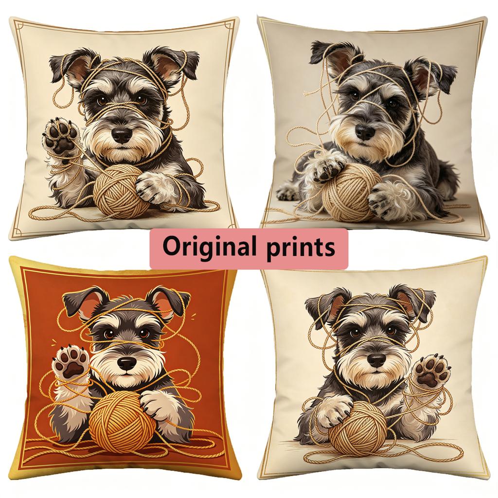Cute Schnauzer Dog Yarn Play Throw Pillow Covers Pattern Cushion Cover Suitable For Sofa Bedroom Car Pillow Cover
