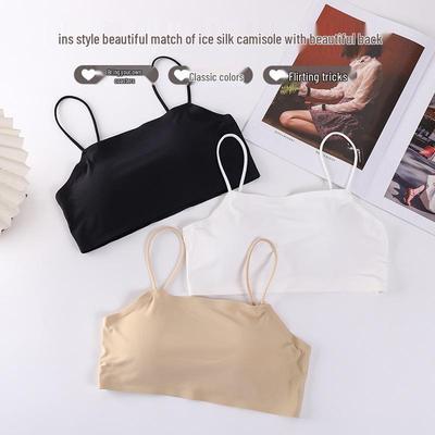 Women's Seamless Ice Silk Camisole: Anti-Exposure, Detachable Chest Pad, Beautiful Back, Spaghetti Straps, Inner Layer Bandeau