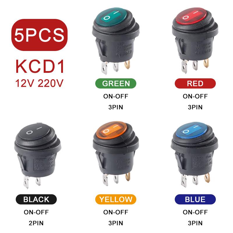 5PCS ON OFF Waterproof Vehicle Boat Switch 12V 220V Round Switch SPST 3Pin Rocker Switch 6A 10A 250V 125V AC LED