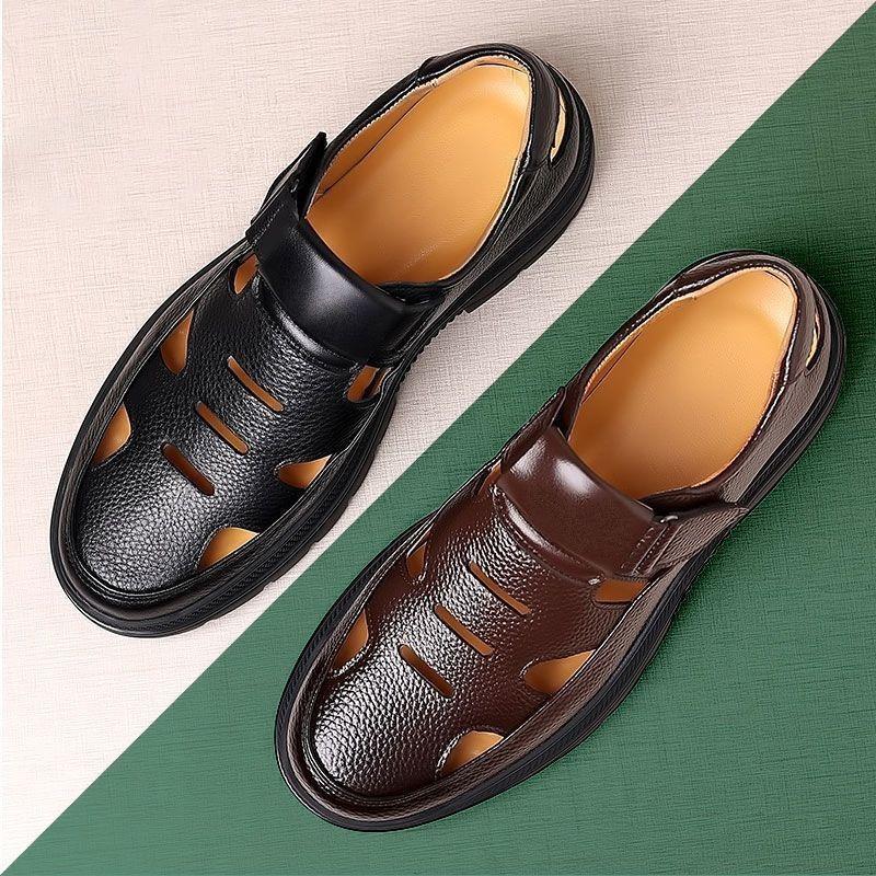 Leather Cowhide Men's Shoes Leather Shoes Summer Hollow Leather Shoes Non-slip Wear-resistant Hole Sandals Men