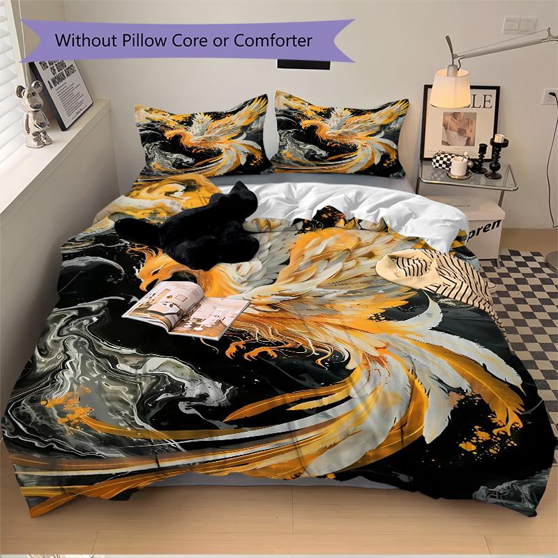 3PCs Phoenix Feather Design Cover Set, Breathable Fabric(1 Duvet Cover + 2 Pillowcases) (Without Quilt) yy250911206