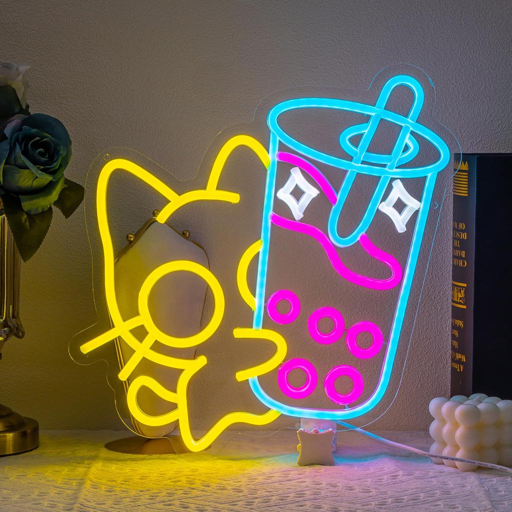 Cute Cat Boba Tea LED Neon Signs for Wall Decor, Aesthetic Room Decor Neon Light, USB Hanging Night Lamp for Bedroom Bar Party
