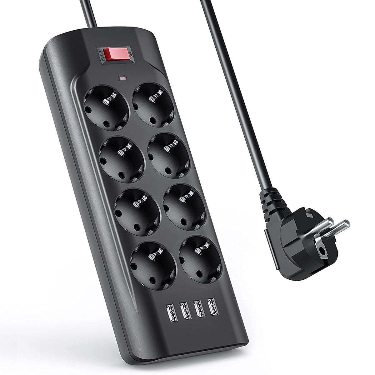 

Умная розетка, кабель 2 м, 8 розеток, 4 USB-порта для быстрой зарядки — черная розетка