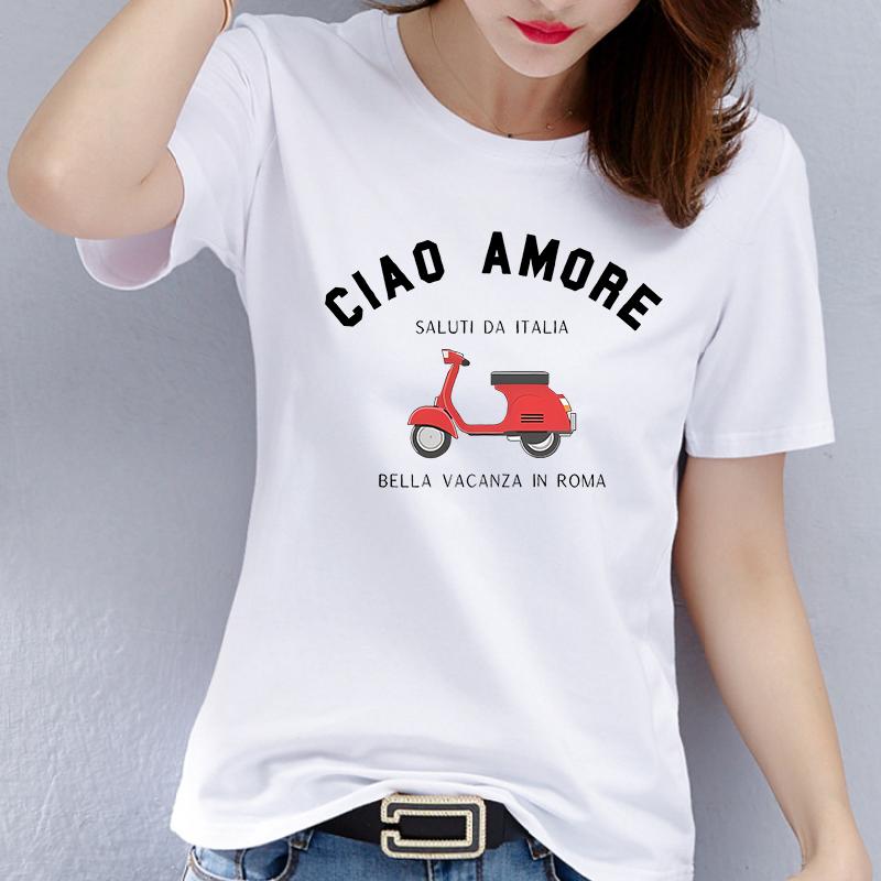 Polyester 100% Italian Graphic T-shirt - Casual Crew Neck Short Sleeve T-shirt, Polyester Knit Graphic Women Clothes Summer