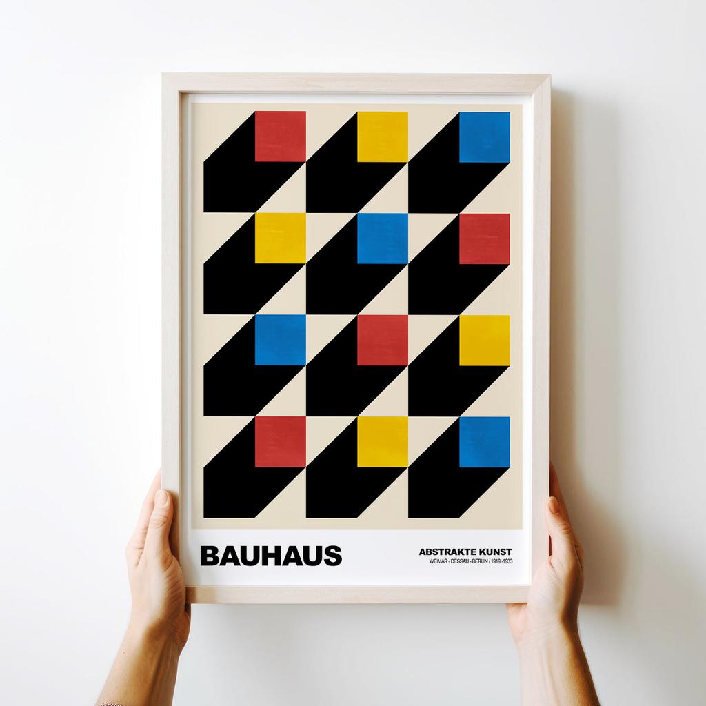 Plakat bauhaus kwadraty kolorowe sześciany