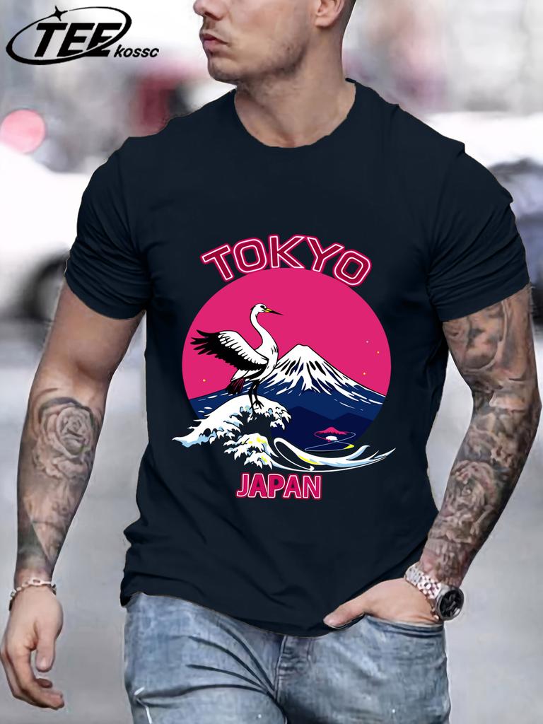 Tokyo Japan Mountain Wave Crane T Shirts Men AllMatch Cotton Basics TShirt Soft Summer Short Sleeve ONeck Loose Casual Top