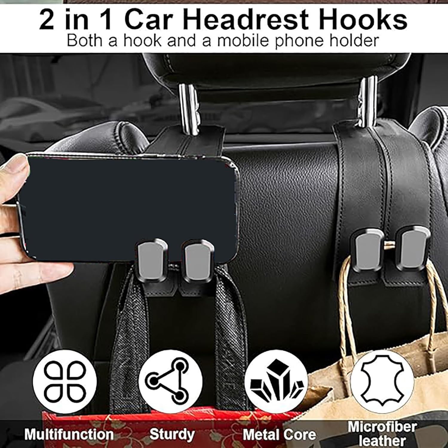 

2 Pcs Car Seat Headrest Hook for Land Rover Range Rover Sport 2005-2024, Leather Double Purse Hooks for Headrest Seat Back Storage Hooks Organizers normal