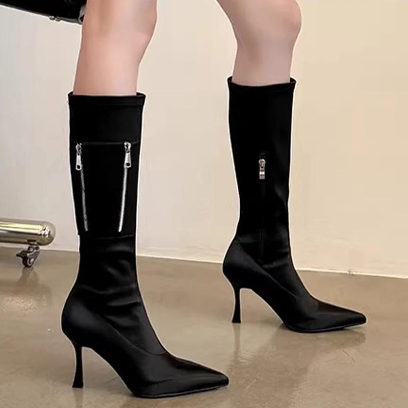Fashion Comemore 2025 Pointed Toe Women Knee High Women Chelsea Boots Fashion High Heels Shoes Designer Winter New  Thigh High Boots
