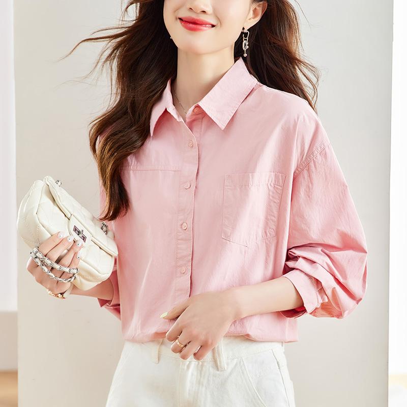 

Розовая хлопковая рубашка с длинным рукавом для женщин Весенняя новая тонкая карманная двухлинейная рубашка с длинным рукавом для женщин One size розовый