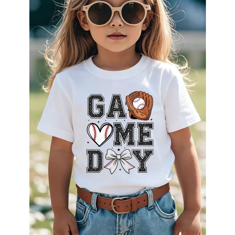 

European sizes Girls Baseball T-Shirt White Game Day Baseball Glove Heart And Bow Print for Sports Events And Outdoors 98cm белый