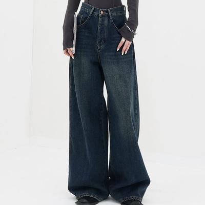 Women Wide Leg Long Pants Retro Jeans High Waist Straight Pockets Dark Color Denim Pants Streetwear Plus Size