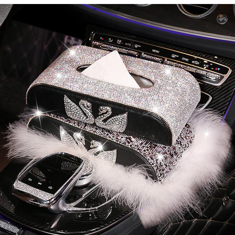 Swan Cartoon Car Tissue Box with Diamond Accents - Creative Cute Design