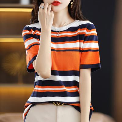 Top z okrągłym dekoltem w paski z dzianiny z krótkim rękawem letni nowy styl luźny i wyszczuplający i modny wszechstronny top z krótkim rękawem i okrągłym dekoltem