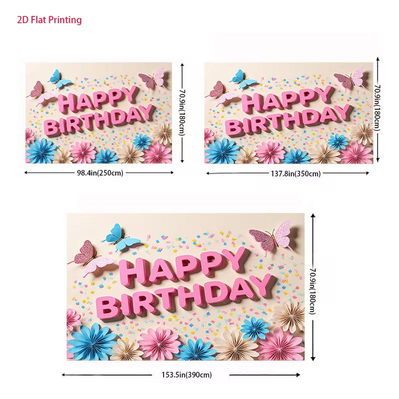 2D Pink Blue Flower Butterfly Backdrop Happy Birthday for Girls Themed Photo Booth Background