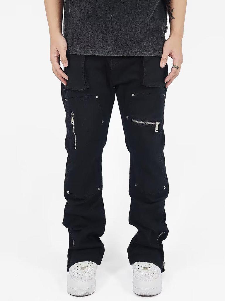 2023 Autumn Men's Loose Fit Solid Color Straight Jeans: Trendy Casual Overalls