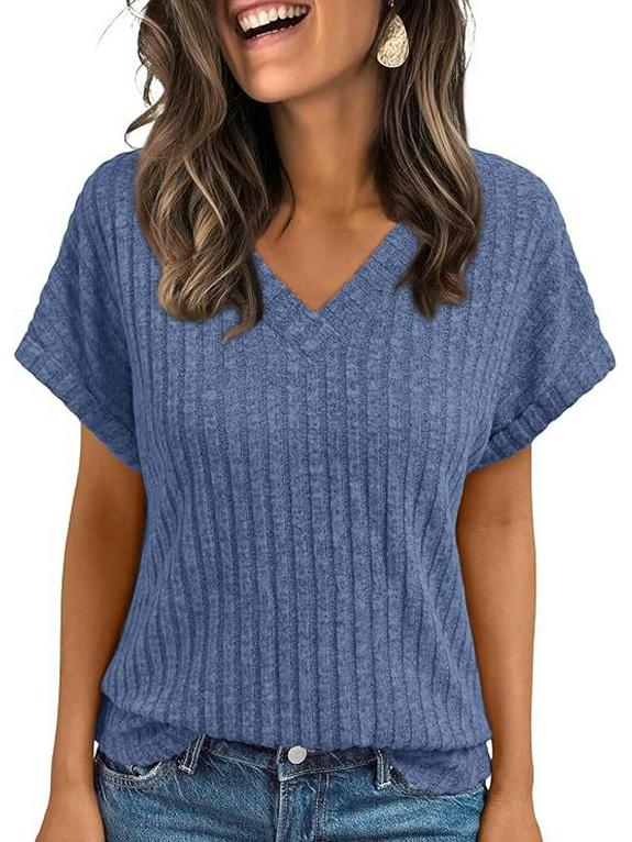 Europäische & Amerikanische Damen Sommer V-Ausschnitt Kurzarm Lässiger Pullover T-Shirt 2025