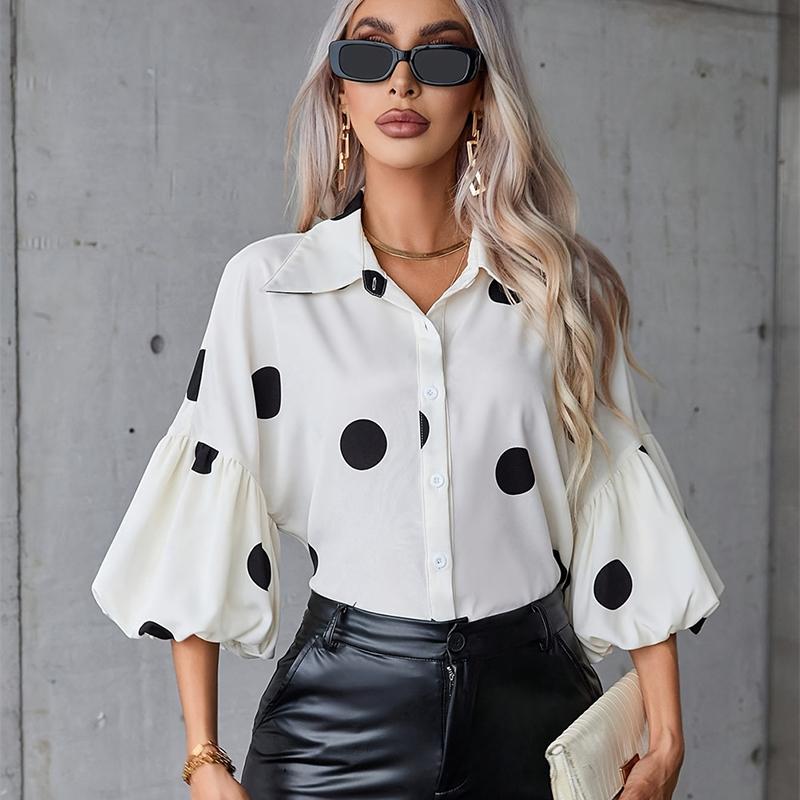 

Женская осенне-зимняя блузка с пышными рукавами, лацканами и рукавами три четверти с принтом S