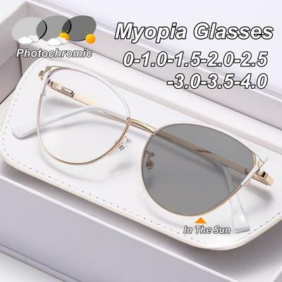 Metal Cat-Eye Photochromic Myopia Glasses High-Quality Spring-Arm Blue Light Blocking Nearsighted Glasses Diopter 0 To -4.0