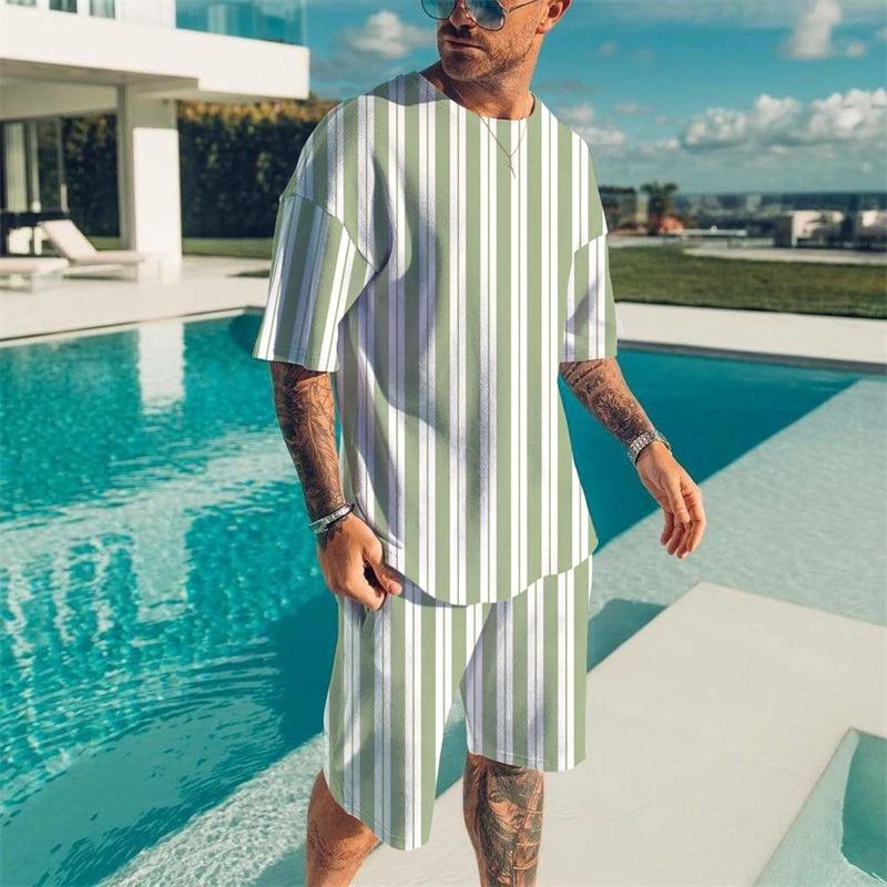 Striped T-shirt 2 piece men's Hawaii beach T-shirts suit summer