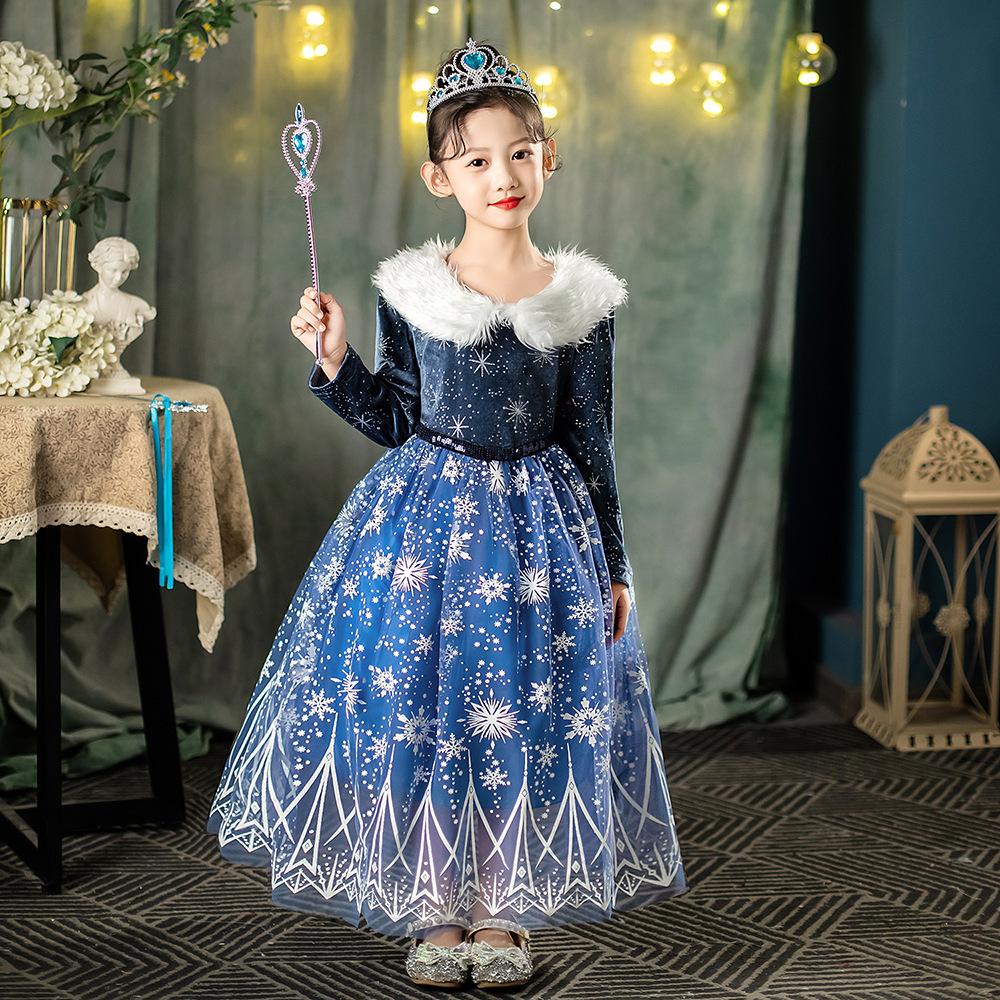 2023 Winter Princess Elsa Dress Christmas Gift Girls Fur Collar Princess Elsa Dress Frozen
