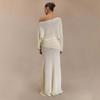 European and American knitted long-sleeved one-word neck top, pleated half-length dress, solid color fashion suit, two-piece set for women