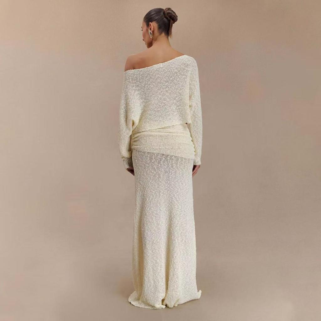 European and American knitted long-sleeved one-word neck top, pleated half-length dress, solid color fashion suit, two-piece set for women