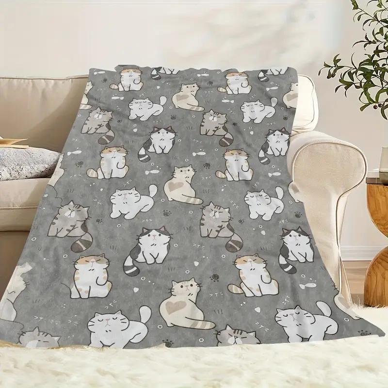 Soft Cat Face Print Flannel Blanket - Suitable for All Seasons, Perfect for Camping, Traveling, Bed, Halloween Christmas
