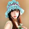 Handmade Crochet Bucket Hat Summer Weave Basin Caps Sweet Beads Knitted Hat  Girls