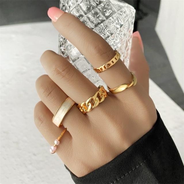 Sada prstenů s českým zlatým řetízkem pro ženy Fashion Boho Coin Snake Moon Rings Dárkové šperky Party Trend