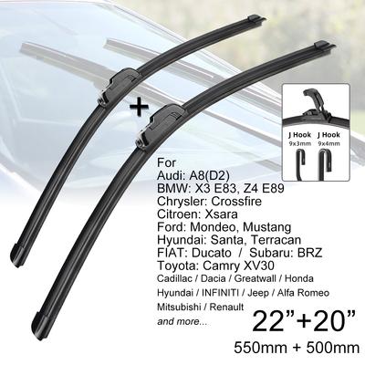 OEM Quality Premium All-Season Car Front Windshield Wiper Blades 22" + 20" J Hook U-type Universal For FIAT Ford Honda Hyundai KIA Subaru Toyota