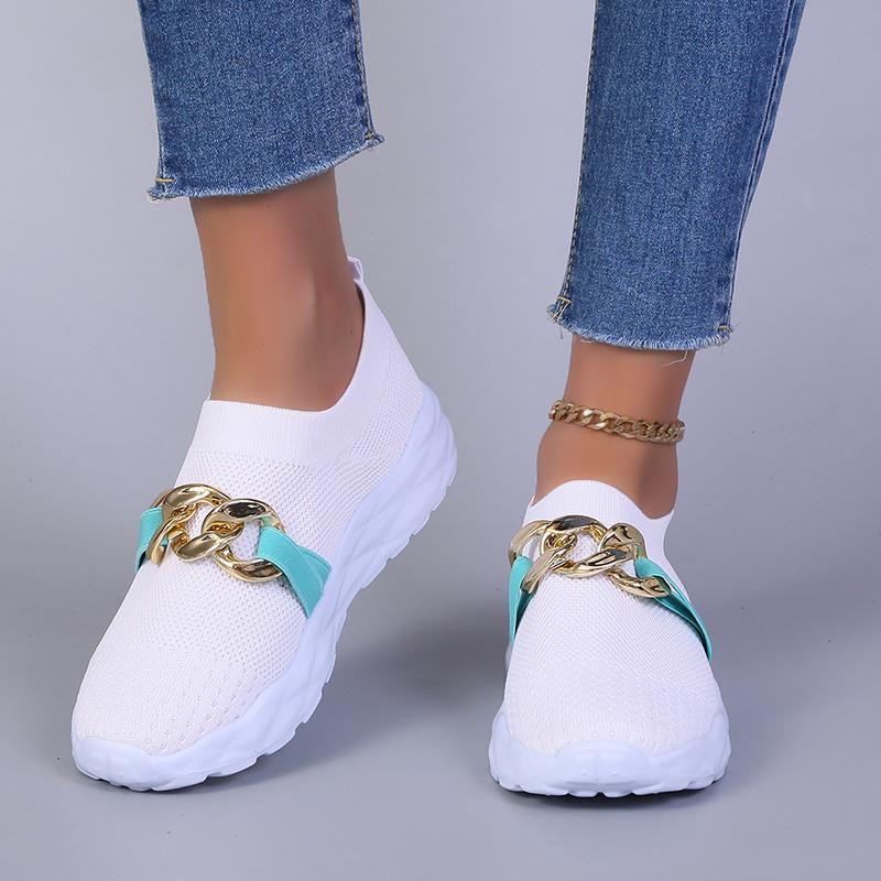 fashion Breathable Knitting Flats Shoes for Women 2024 Autumn Fashion Chain Sports Shoes Woman Platform Slip on Socks Sneakers Plus Size