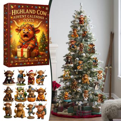 Highland Kuh Adventskalender 2025 Niedliche Highland Kuh Ornamente 24 Tage Weihnachts-Adventskalender zur Weihnachtsbaumdekoration