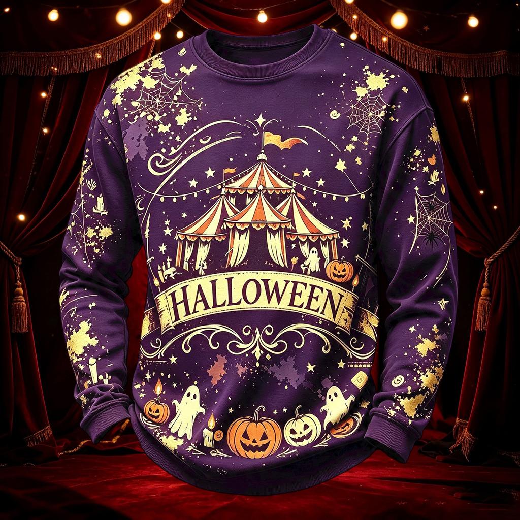 Men's Casual Round Neck Long Sleeve Top with Halloween Print