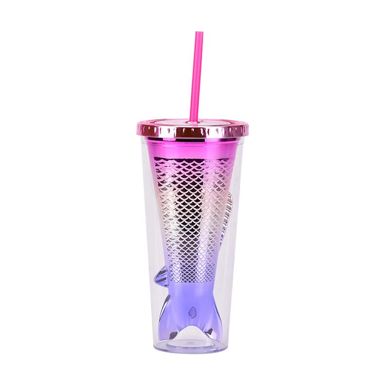 Double Layer Plastic Cup Creative Gradual Change Mermaid Tail Straw Cup Appearance Electroplating Color Sequined Water Cup
