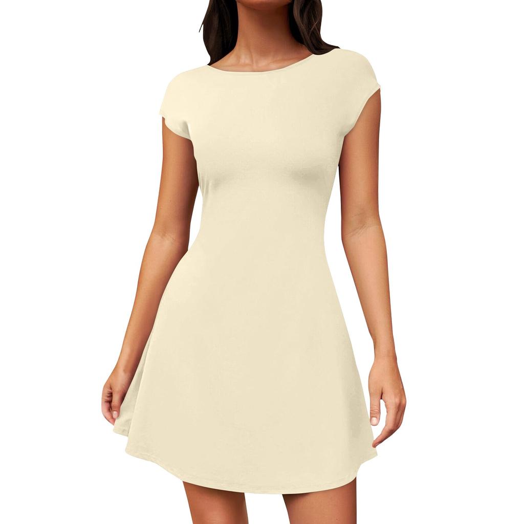 Women's Summer Casual Backless Cap Sleeve T Shirt Dress Round Neck Party Dresses