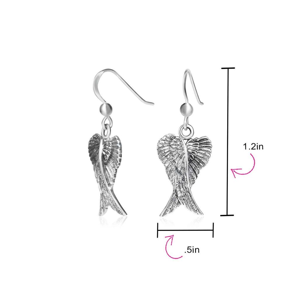 Jewelry Set Amulet Feather Heart Guardian Angel Wing Pendant Necklace Dangle Earrings Teen Entique Style for 925 sterling silver Women.