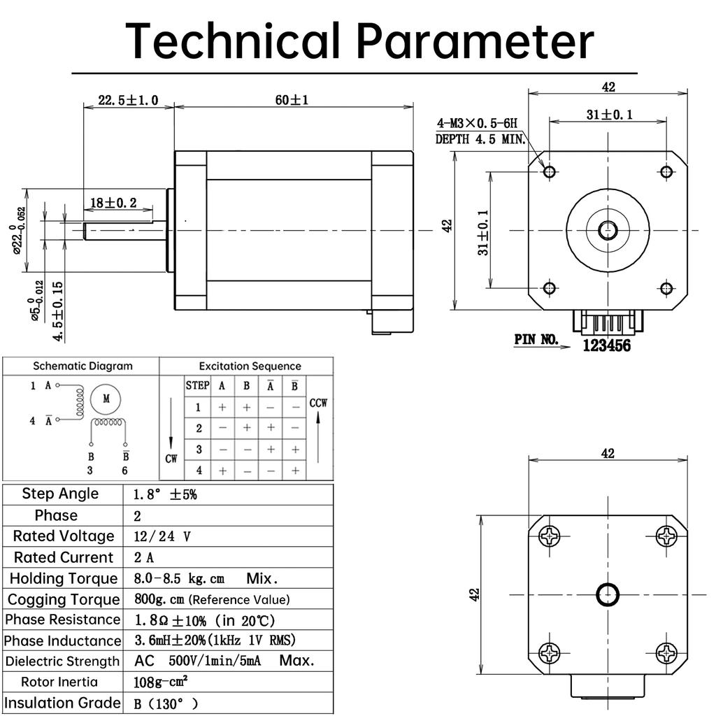Nema 17 Schrittmotor 60mm 2A 85Ncm Drehmoment 1,8 Grad 4-Draht Bipolar Schwerlast CNC 3D-Drucker Upgrade Inklusive Kabel Halterung