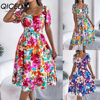 Ropa de Mujer Casual de Primavera y Verano con Estampado Floral de Manga Corta, Cintura Entallada, Falda A-line con Volantes