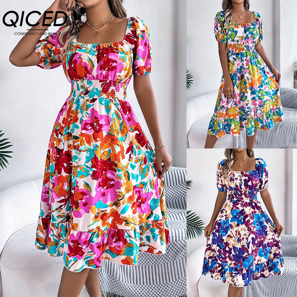 QICED Spring and Summer Casual Flower-patterned Short-sleeved, Waist-cinched, Ruffled A-line Skirt Women's Wear